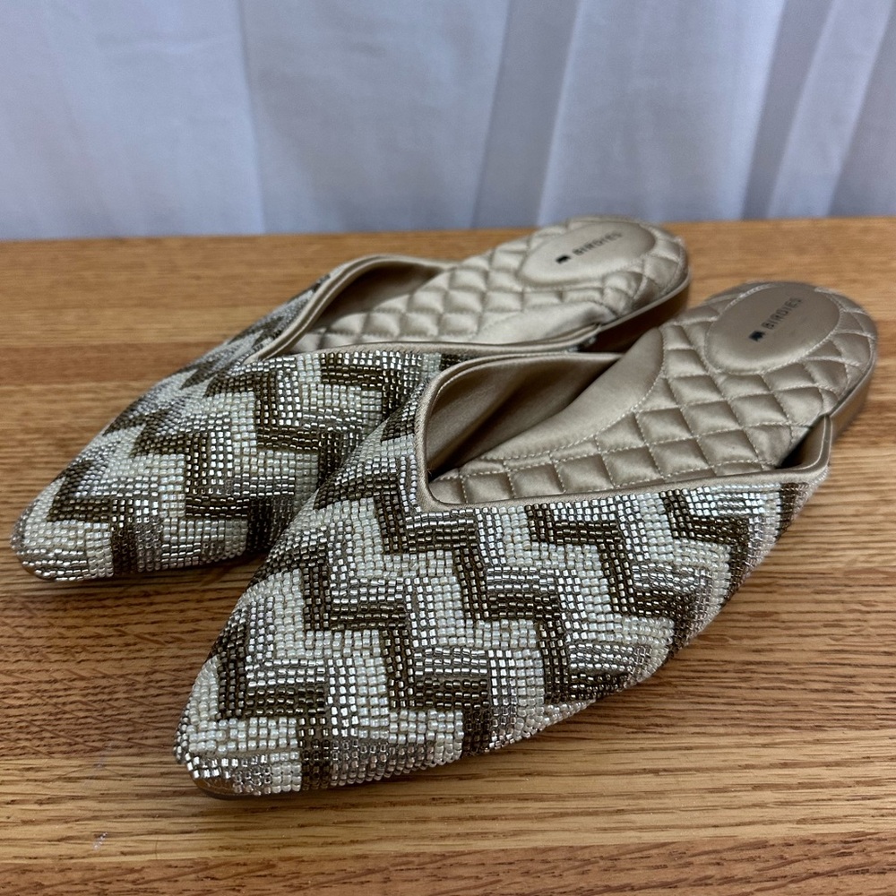Birdies The Swan Chevron Cream and Gold Beaded Flats Womens Size 9.5